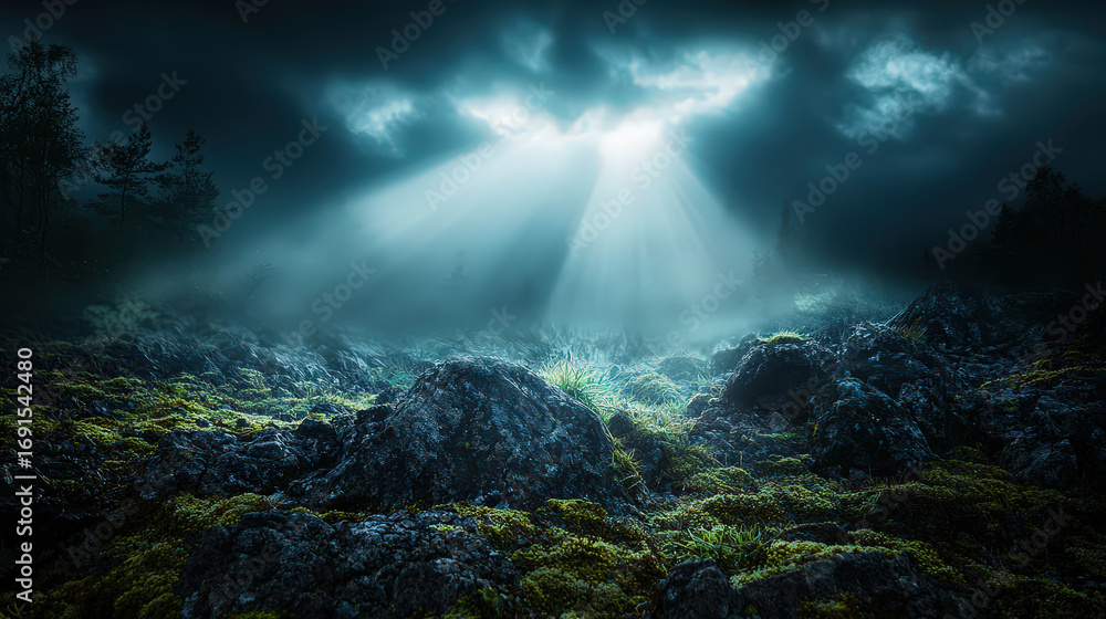 Naklejka premium Soft rays of light breaking through mist illuminate rocky terrain covered in moss, creating serene and mystical atmosphere