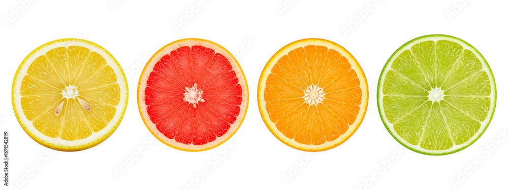 Obraz premium Four sliced citrus fruits arranged in a row on a transparent background