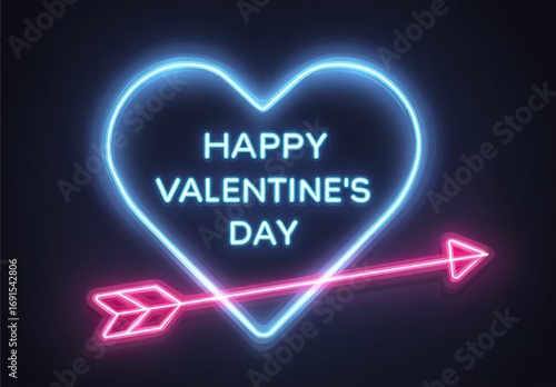 Neon blue heart with a pink arrow, spelling out 