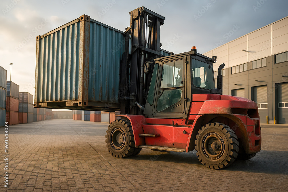 Obraz premium AI-generated image of a forklift lifting a container in a logistics yard.
