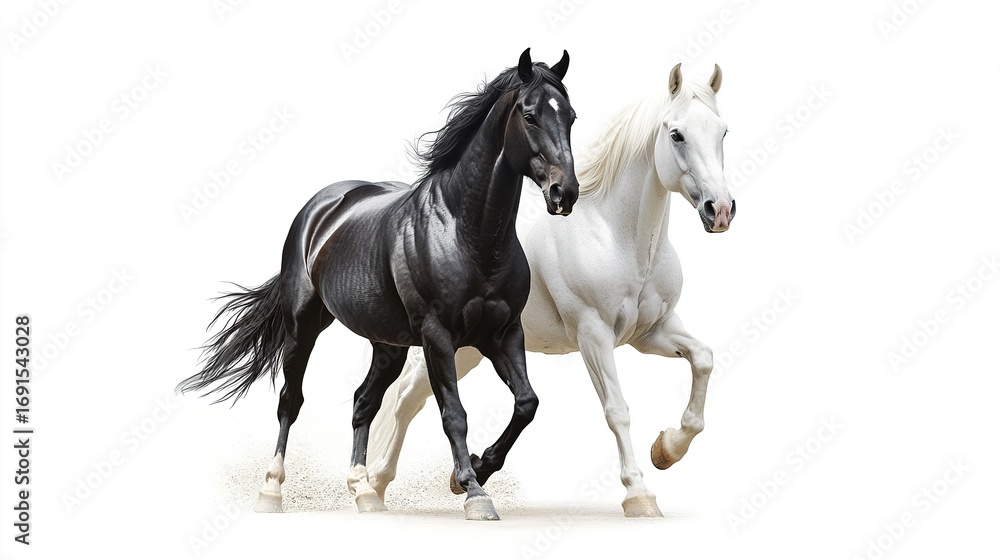 Obraz premium Two noble horses white and black standing still against.