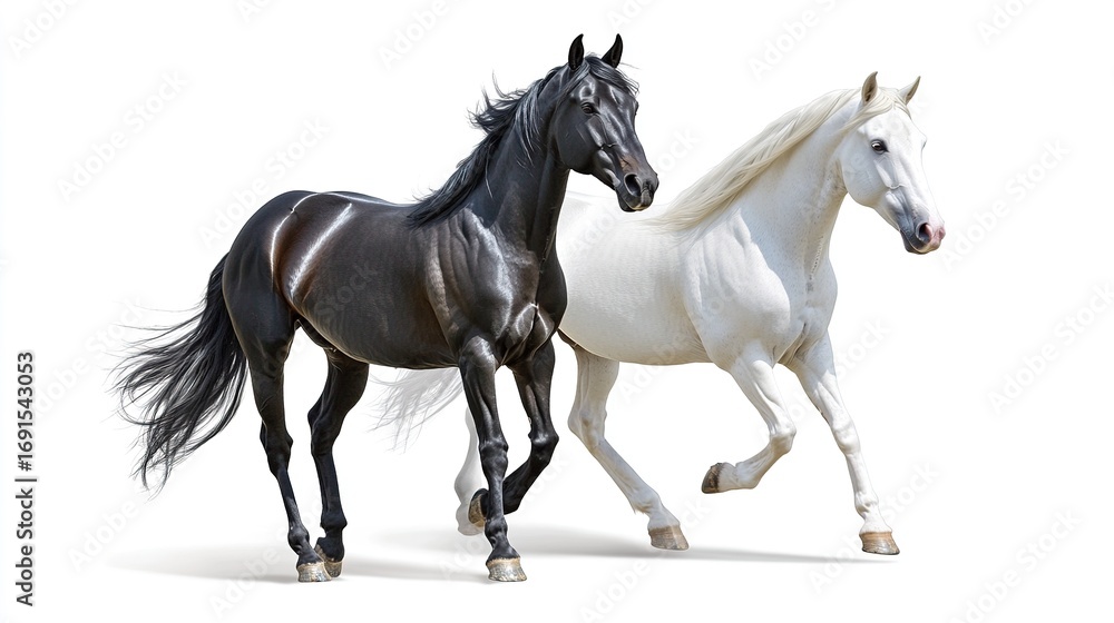 Fototapeta premium Two noble horses white and black standing still against.