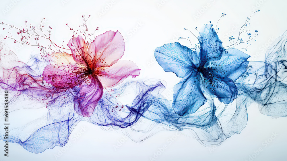 Fototapeta premium Translucent floral fragments in vibrant pink and blue hues create minimalistic and artistic composition, evoking sense of beauty and tranquility