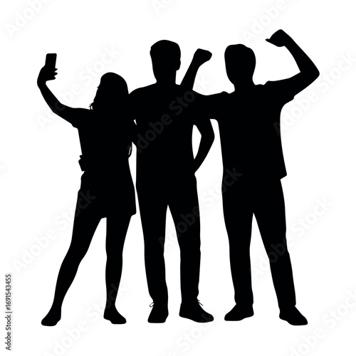 Silhouette image of friends taking selfie and celebrating together for friendship and togetherness concept