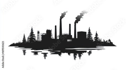 Factory complex in forest landscape silhouette