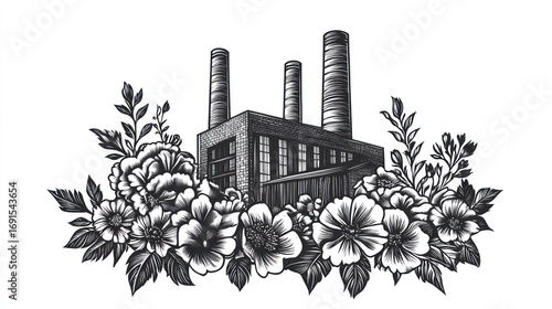 Vintage factory illustration with floral border