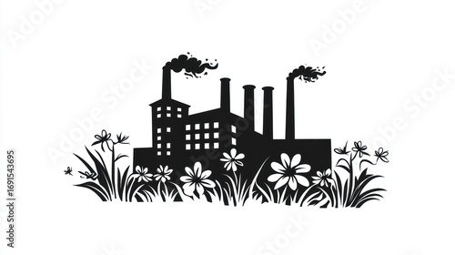 Silhouette factory with flowers