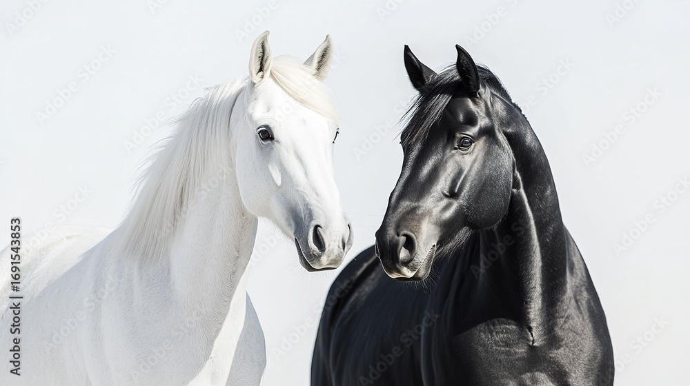 Obraz premium Two noble horses white and black standing still against.