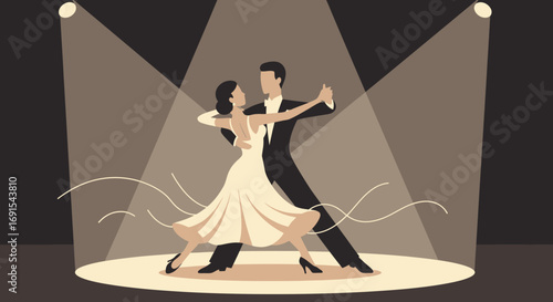 Elegant Stylized Couple Ballroom Dancing Under Spotlights Illustration Graphic Art