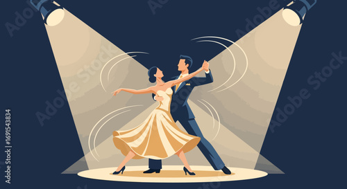 Elegant Modern Couple Dancing Ballroom Style on Stage Illustration
