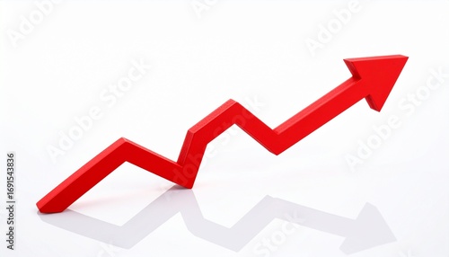 Red arrow pointing upwards symbolizing growth, progress, and success on a clean white background with reflection