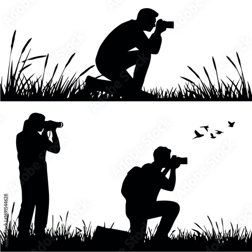 Silhouette photographers wildlife nature photography hobbyist birdwatching travel outdoors adventure vector image