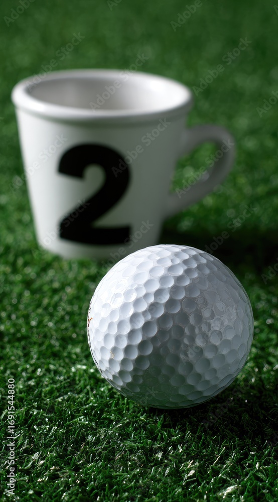 Naklejka premium A close-up of a textured golf ball on green artificial turf with a white mug, labeled with a black number 2, blurred in the background