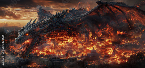 Fierce dragon emerges from flames, towering over burning cityscape, showcasing its powerful wings and menacing gaze