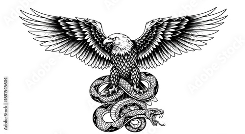 Eagle Descending on Snake a Symbol of Power and Victory Tattoo Design in Black and White