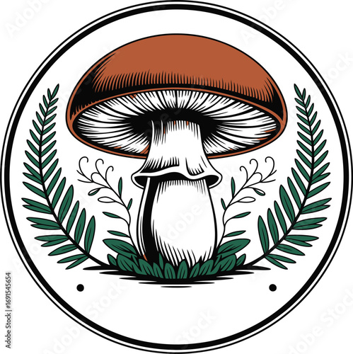 Botanical Mushroom Circle A Detailed Fungi Surrounded by Ferns and Foliage Encased in a Circular Frame Showcasing Nature's Intricate Details