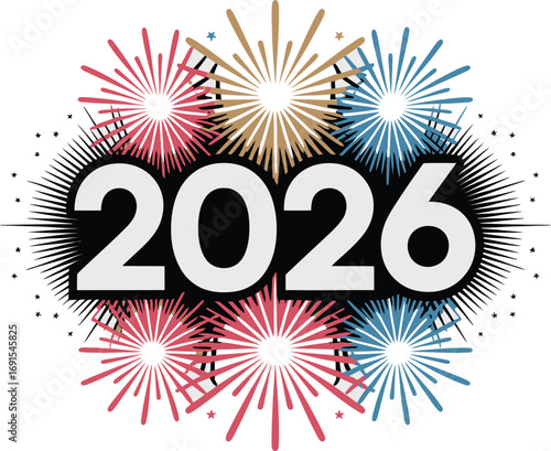 Futuristic 2026 Celebration with Dynamic Fireworks on a Clear Backdrop, Perfect for New Year's Greetings and Exciting Announcements with Flair