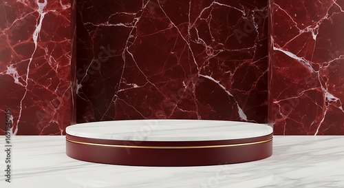Elegant marble pedestal platform for product showcase with rich burgundy and white veined background providing a luxurious display stage