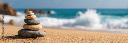 Serene beach scene featuring a stack of balanced stones in the foreground against a blurred ocean and sky backdrop. Golden sand fills the lower frame