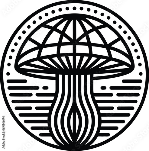 Enigmatic Mushroom Globe Emblem A Symbolic Fusion of Nature and Exploration in a Circular Icon with Dotted Border for Mystical and Ecological Themes