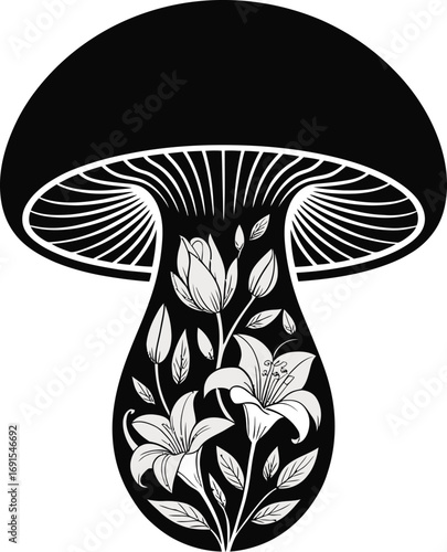 Botanical Mushroom Silhouette A Floral Infusion within a Fungi Form Showcasing Lily and Rose Motifs for Elegant and Naturalistic Imagery