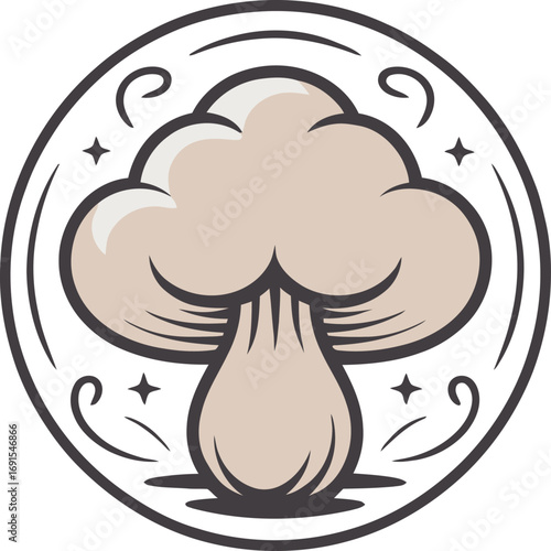 Mushroom Cloud Icon Simple Fungi Symbol with Swirls and Stars Minimalist Line Drawing of a Classic Toadstool for Nature Themes