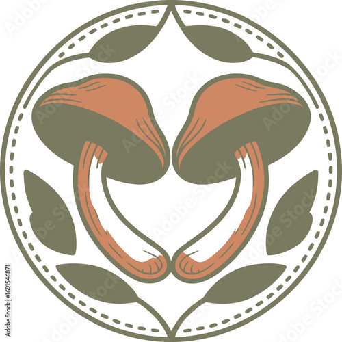 Twin Mushrooms with Leaves Emblem Symmetrical Fungi Illustration for Nature Inspired Themes and Botanical Designs Elegant Fungi Art