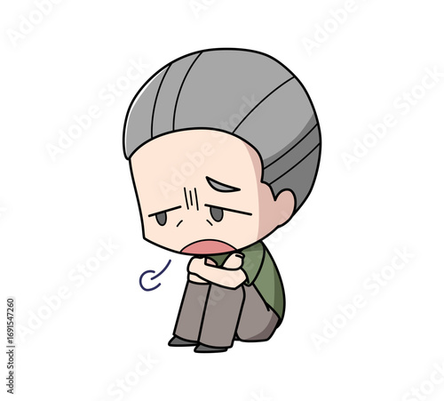 体育座りで溜息をつく高齢男性のイラスト