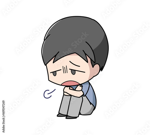 体育座りで溜息をつく男性のイラスト