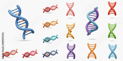 Collection of colorful DNA double helix models in various orientations against a transparent background.