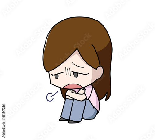 体育座りで溜息をつく女性のイラスト