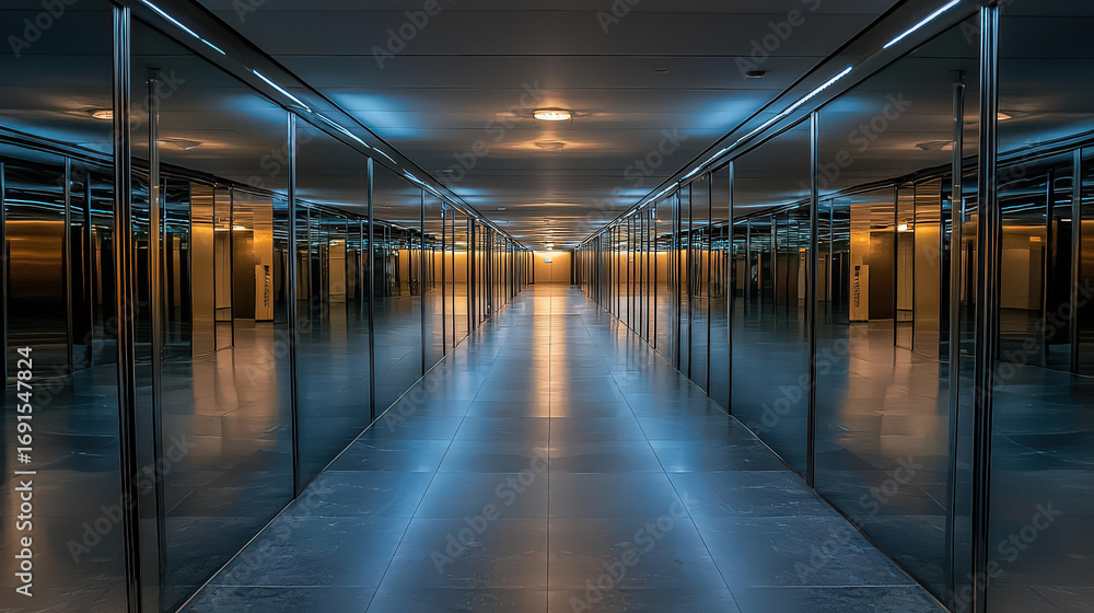 Fototapeta premium Captivating hallway featuring endless reflections in mirrors, illuminated by soft blue and warm light, creating surreal atmosphere