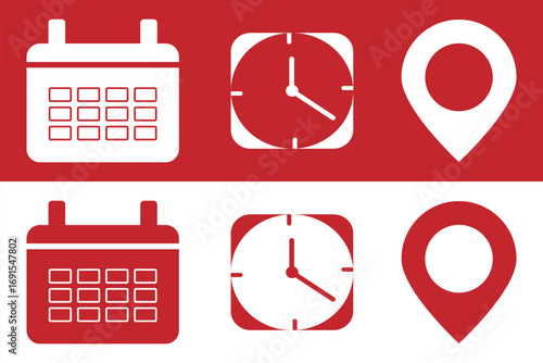 Calendar, time, clock, address, location icon set. Icons for date, reminder, address, invitation, event, business.  Address location icon. Stopwatch timer icon. Date Calendar icon. eps 10