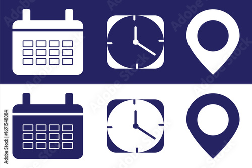 Calendar, time, clock, address, location icon set. Icons for date, reminder, address, invitation, event, business.  Address location icon. Stopwatch timer icon. Date Calendar icon. eps 10