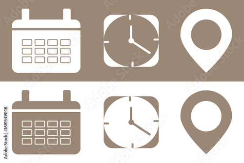 Calendar, time, clock, address, location icon set. Icons for date, reminder, address, invitation, event, business.  Address location icon. Stopwatch timer icon. Date Calendar icon. eps 10