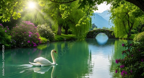 Swan gliding gracefully on a serene lake surrounded by lush greenery and a stone bridge backdrop