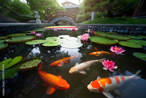 Water lilies and lotus flowers bloom in a serene Japanese garden pond, reflecting the beauty of the surrounding landscape