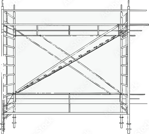 A clear technical line drawing illustrates the robust framework of a construction scaffolding system, showcasing its metal bars and diagonal bracing.