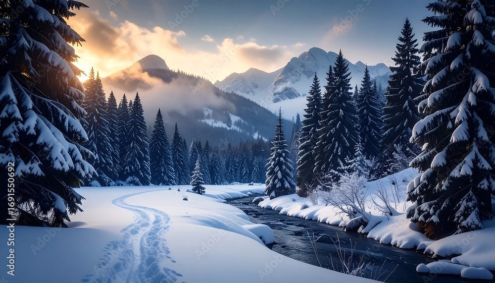 Naklejka premium Snowy mountain valley at sunrise