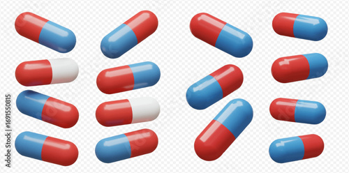 Collection of capsules, some red and blue, others red and white, floating on a transparent background.