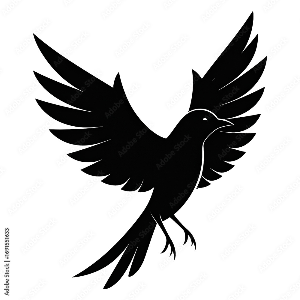 Obraz premium Black silhouette of a bird in flight with wings spread wide