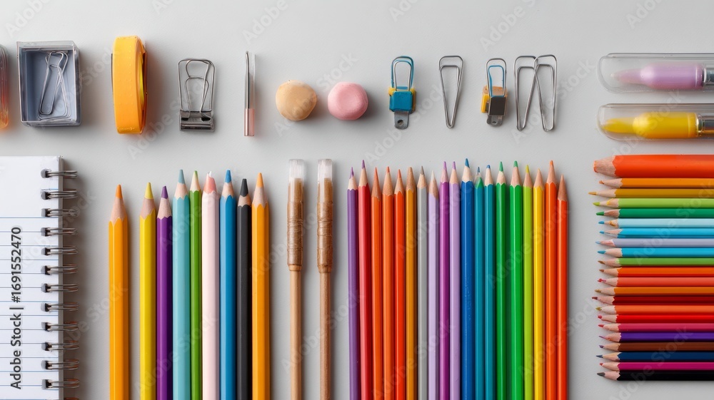 Obraz premium Colorful school stationery and art supplies including pencils, markers, notebooks, erasers, and ruler arranged on white background for education and learning concept
