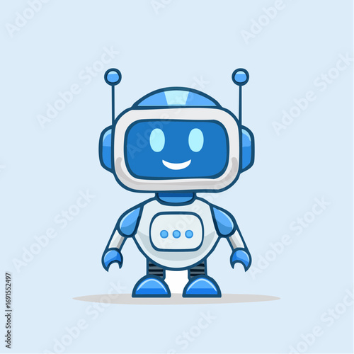 A funny, cute blue cartoon robot android character with big eyes, a futuristic machine vector illustration