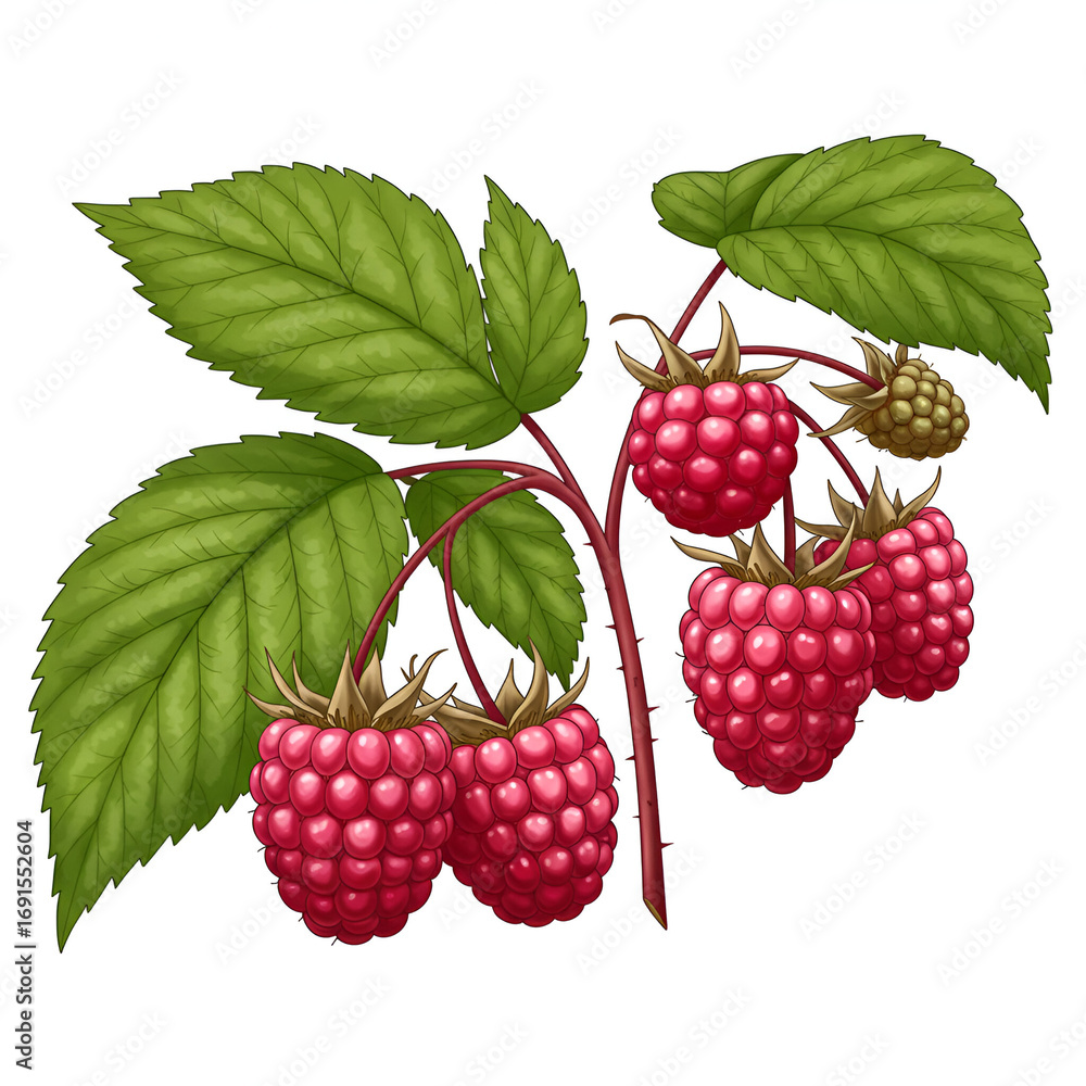 Detailed Illustration of Ripe Raspberries on Branch with Lush Green Leaves Detailed Illustration of Ripe Raspberries on Branch with Lush Green Leaves