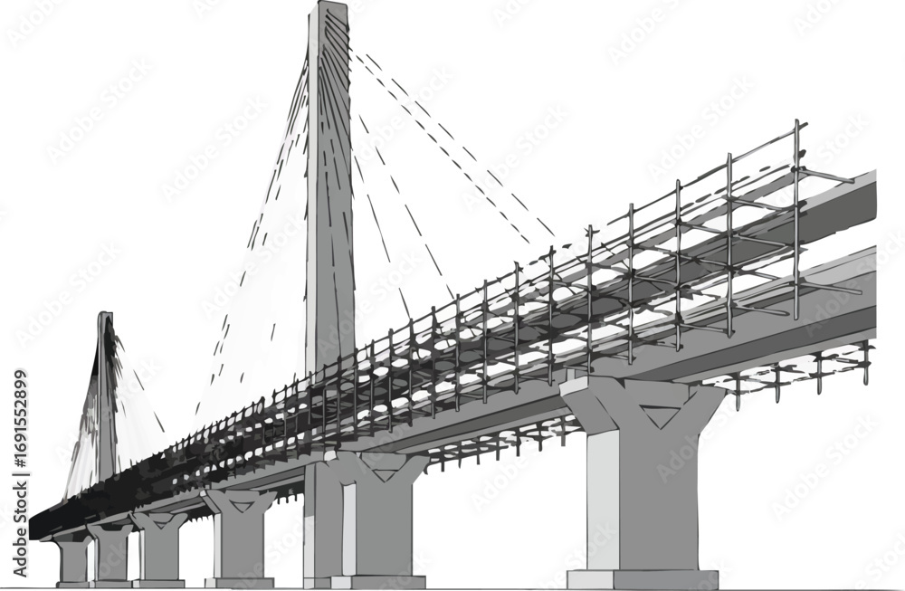 Fototapeta premium Architectural drawing depicting a contemporary cable-stayed bridge structure under construction, featuring intricate scaffolding for workers.
