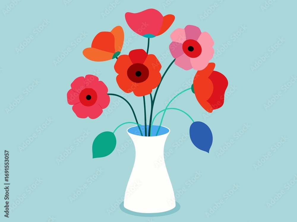 Obraz premium Vibrant Floral Arrangement in White Vase Colorful Poppy Flowers on Blue Background