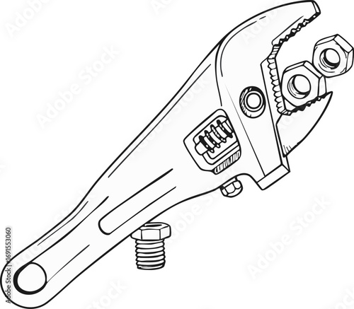 A black and white line art illustration of an adjustable wrench gripping two hex nuts, with a bolt below, representing repair, construction, and mechanical work.