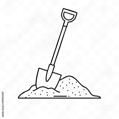 This clean line art icon depicts a sturdy shovel firmly embedded in a fresh pile of loose earth, representing tasks like gardening, construction, or digging.