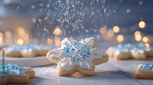 Star cookies with white frosting & blue sprinkles are on a bright, marble surface as sugar dusts down, bokeh lights in the background