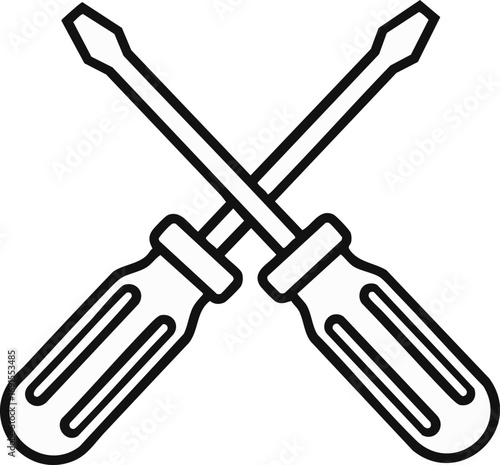 A minimalist line art icon depicts two essential repair screwdrivers crossed, symbolizing maintenance, construction, and professional handyman services for various projects.